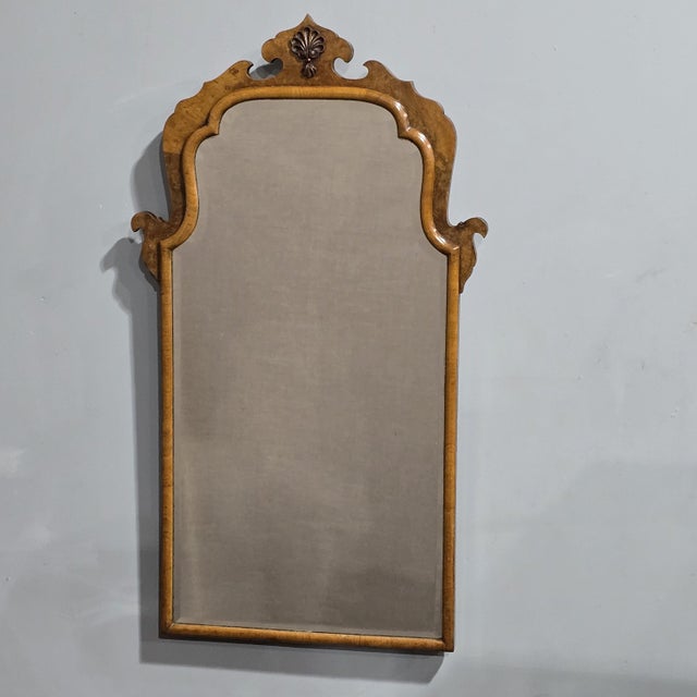Excellent quality Queen Anne style burr walnut shaped cushion mirror, bevelled mirror plate, in excellent original...