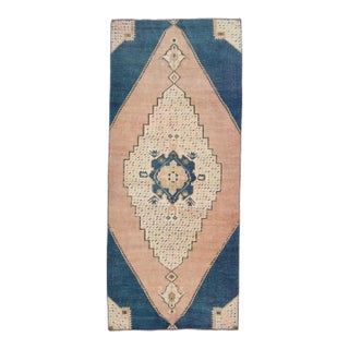 1970s Vintage Turkish Handmade Wool Cotton Blue Area Rug For Sale