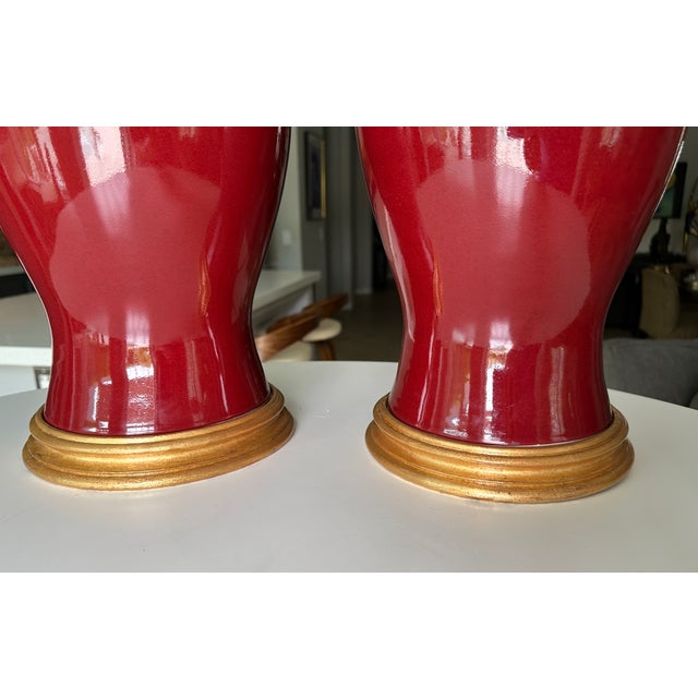 1960s Pair Asian Sang De Boeuf Oxblood Meiping Porcelain Table Lamps For Sale - Image 11 of 18