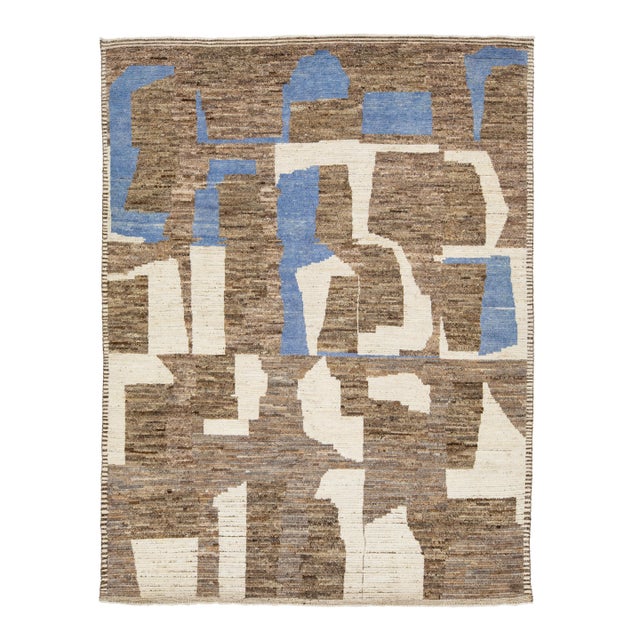 Modern Moroccan Style Wool Rug With Abstract Earth-Tone Geometry For Sale