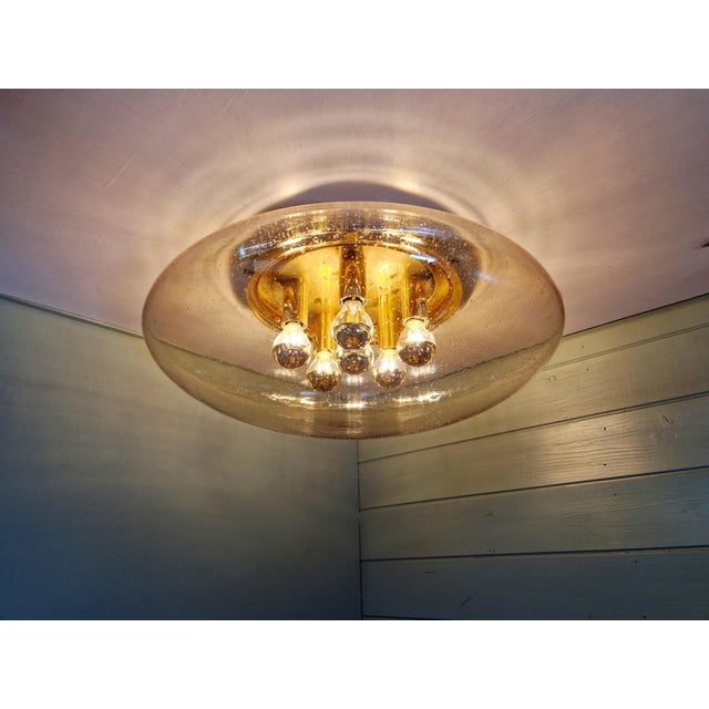 Large Ceiling Light in Brass and Bubbled Blown Glass from Glashütte Limburg, 1970s For Sale - Image 11 of 13