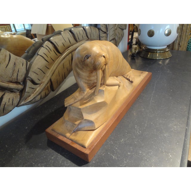 Wood French Art Deco Carved Wood Walrus Sculpture, Signed Martini For Sale - Image 7 of 11