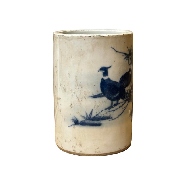 Chinese Chinese Distressed White Porcelain Blue Birds Graphic Holder Vase For Sale - Image 3 of 7