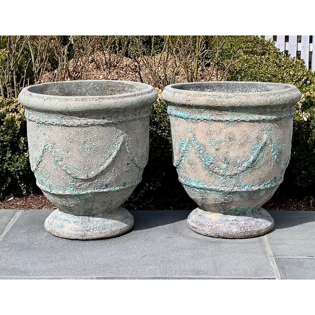 French Provincial Pair Anduze-Form Planters, Festoon Relief, Glazed Terracotta For Sale - Image 3 of 16