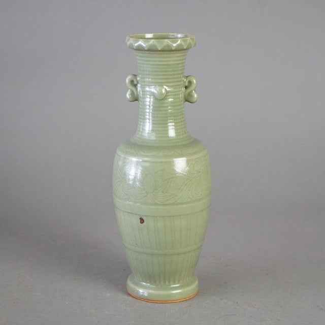 Ceramic Antique Chinese Celadon Glazed Art Pottery Vase, C1930 For Sale - Image 7 of 11