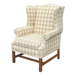 1980s Ethan Allen Traditional Chippendale Beige Plaid Wingback Lounge Chair For Sale