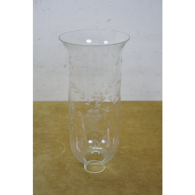 Mid 20th Century 2 Mid Century Etched Glass Crystal Hurricane Candlestick Boudoir Lamps 20" For Sale - Image 5 of 18