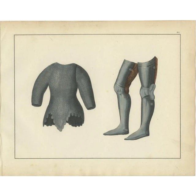 Title: 19th-Century Hand-Coloured Lithograph of Chainmail Hauberk and Plate Leg Armor : This hand-coloured lithograph...