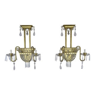 Pair of French Bronze and Rock Crystal 2-Light Sconces For Sale