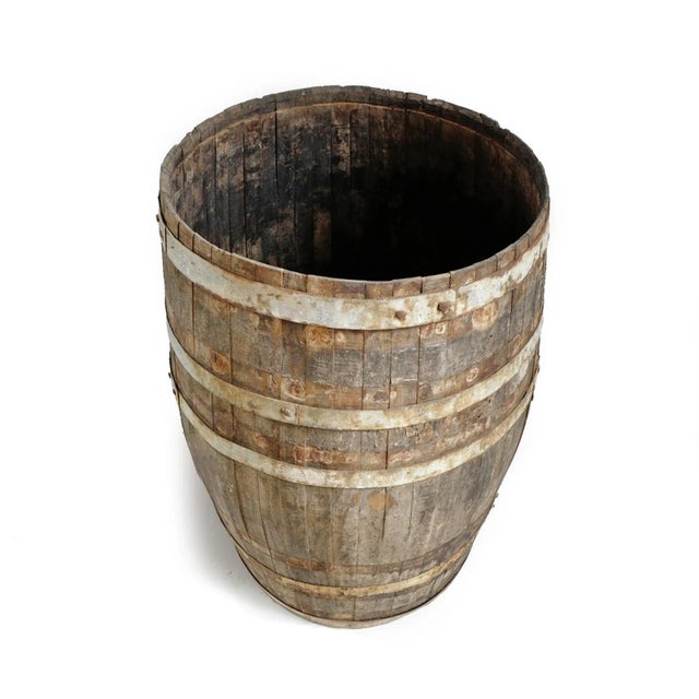 Vintage teak wood barrel from North India. Beautiful signs of age and use. Iron rings support old wold design originally...