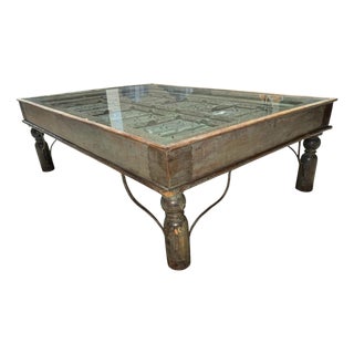 Antique 19th-Century Indian Teak Door & Iron Studded Coffee Table With Glass Top For Sale