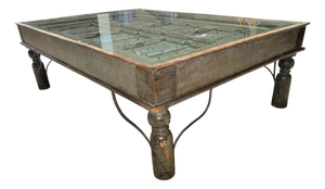 Antique 19th-Century Indian Teak Door & Iron Studded Coffee Table With Glass Top