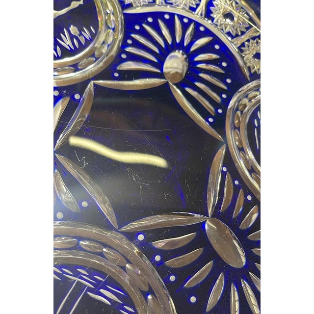 Bohemian Cobalt Blue Cut Crystal Plate on Foot Decorated with Birds For Sale - Image 5 of 11