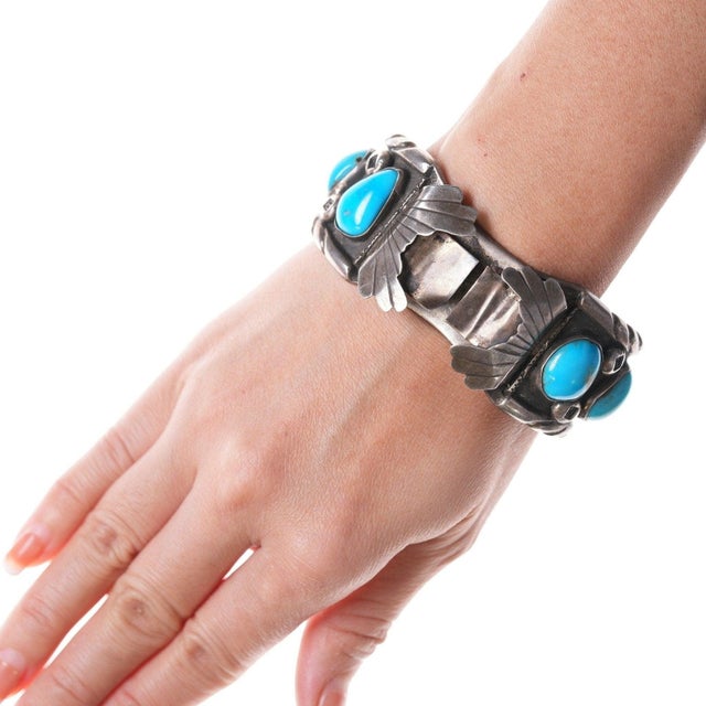 7" Heavy Sterling and turquoise Navajo watch cuff For Sale - Image 11 of 11