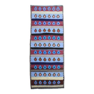 1970s Vintage Handmade Wool Cotton Red Blue Runner Rug For Sale