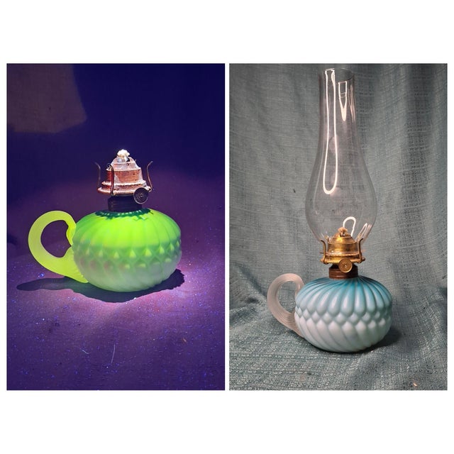This is a museum-grade example of late 19th-century Victorian artistry. This finger lamp features a rare Blue Satin...