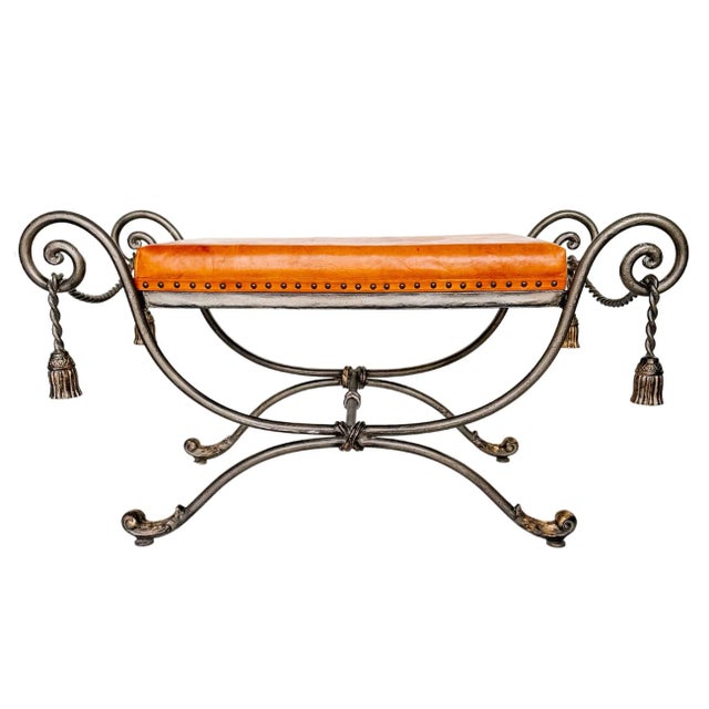 Metal Vintage Gray Steel Bench With Gold Tassels and Leather Seat For Sale - Image 7 of 11