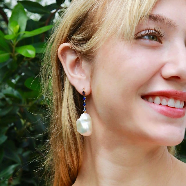 Nina Zhou Sapphire Diamond & Baroque Pearl Convertible Drop Earrings in 14k Yellow Gold - A Pair For Sale - Image 9 of 11