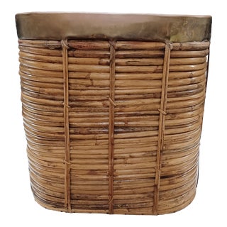 Mid 20th Century Square Large Brass and Rattan Bamboo Basket For Sale