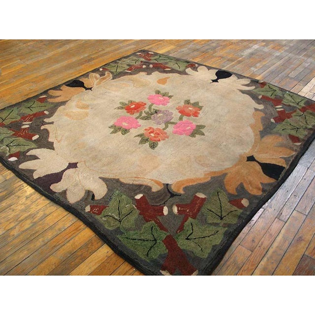 1930s Ivory Floral Art & Crafts Antique American Hooked Rug 5'6" X 5'8" Handknotted Wool Carpet For Sale - Image 4 of 5