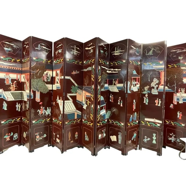 Brown 12 Panel 240 Inches Wide 1970s Asian Wooden Room Divider For Sale - Image 8 of 9