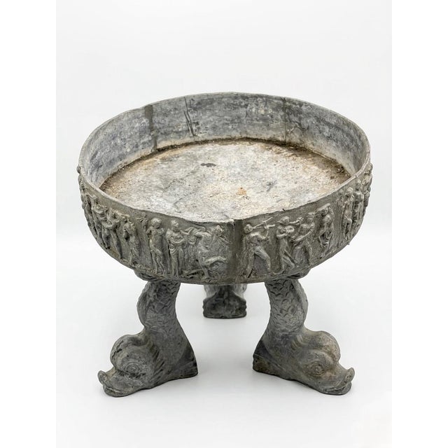 Vintage Neoclassical Relief-Carved Lead Garden Planter on Dolphin Tripod Base For Sale - Image 4 of 10