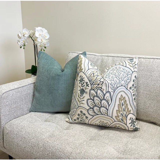 Cream, Blue, Sage Embroidered Throw Pillow With Feather Down Insert For Sale - Image 4 of 5