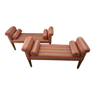 Upholstered Benches With Bolster Pillows -A Pair For Sale