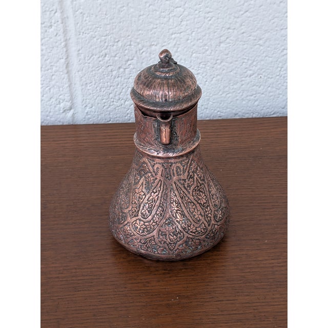 19th Century Hand Etched Middle Eastern Tinned Copper Coffee Pot For Sale - Image 4 of 9