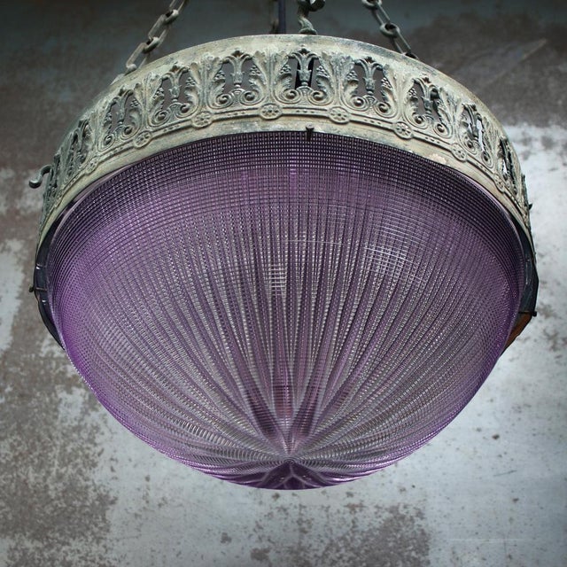 1920s French Brass Violet Glass Plafonnier Pendant Lamp by Holophane Paris For Sale - Image 5 of 12