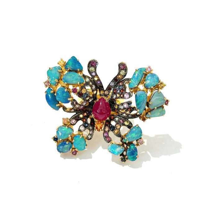 Bochic "Orient" Opal, Multi Sapphires & Ruby Ring Set In 18K Gold & Silver For Sale - Image 17 of 18