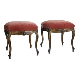 Pair of 19th Century French Provincial Mohair Footstools – Carved Serpentine Frames & Dusty Rose Upholstery For Sale