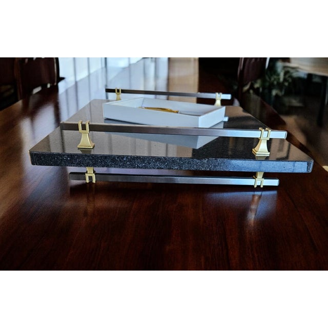 2020s Black Stone Serving Platter With Satin Nickel & Gold Handles + 3-Piece Cheese Knife Set For Sale - Image 5 of 6