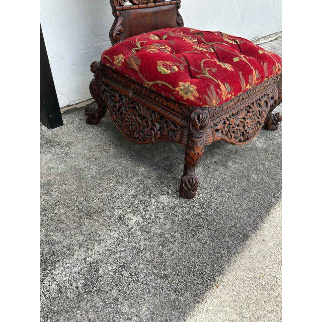 Wood Antique Anglo, Indian Carved Wood Ceremonial Low Chair For Sale - Image 7 of 7