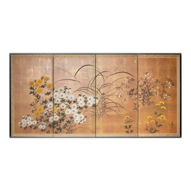 "Autumn Flowers", 1970s Showa Era Japanese Painted Byobu Screen For Sale