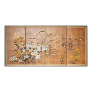 "Autumn Flowers", 1970s Showa Era Japanese Painted Byobu Screen
