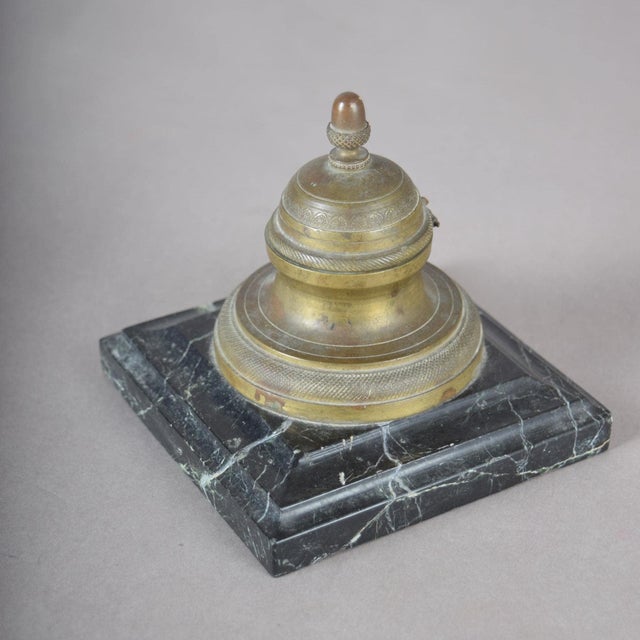Antique 19th Century Bronze Inkwell with Hinged Lid on Marble Base For Sale - Image 3 of 10