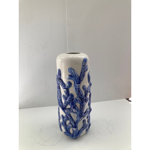 Blue Coral on White Glazed Ceramic Vase For Sale - Image 4 of 9