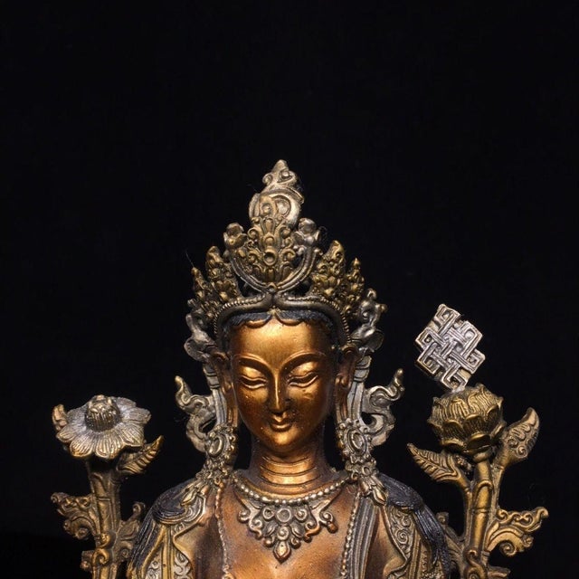 Late 19th Century Gilt Bronze Green Tara Statue, Tibetan Buddhist Figure, 1kg For Sale - Image 4 of 9