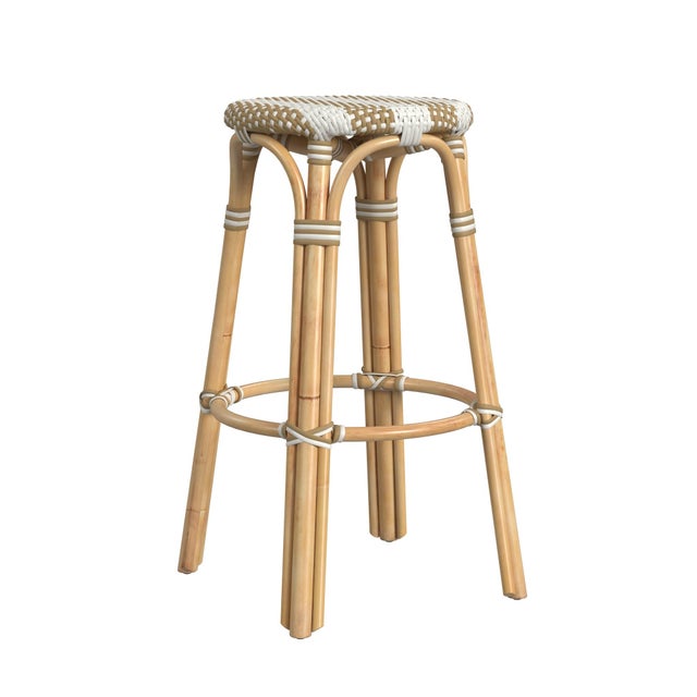 Tobias 30 in. Seat Height Round Rattan Backless Bar Stool, Tan/White Stripe/ Natural Rattan Frame For Sale In Chicago - Image 6 of 8