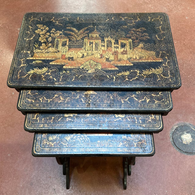 Set of 4 Nesting Tables Chinoiserie Ebonized and Gold trimmed