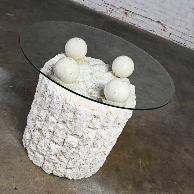 Maitland - Smith Postmodern Round Tessellated Mactan Stone Base Side Table With 4 Spheres Glass Top Style Maitland Smith For Sale - Image 4 of 12