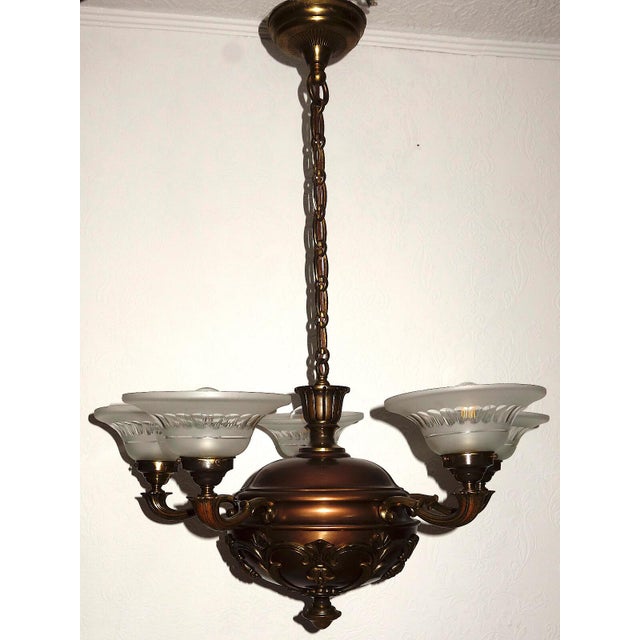 Art Deco French Brass and Glass Five-Light Chandelier, 1940s For Sale - Image 6 of 13