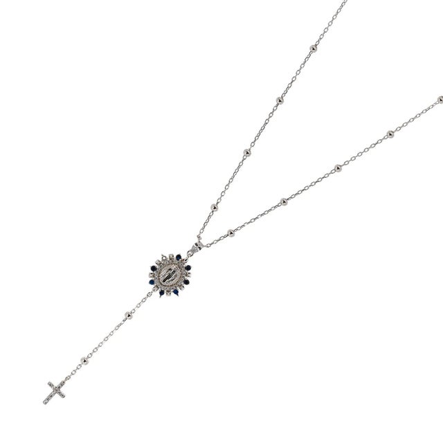 Silver Sapphire & Diamond Virgin Mary Cross Pendant Sterling Silver Chain Necklace For Sale - Image 8 of 10