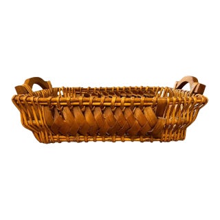 Early 20th Century Antique Hand Woven Willow Splint Wood Basket With Porcupine Twists and Wood Handles For Sale