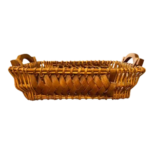 Early 20th Century Antique Hand Woven Willow Splint Wood Basket With Porcupine Twists and Wood Handles