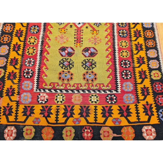 Vintage Turkish Kilim Rug, Flat-Woven Prayer Pattern, Yellow & Green, 4x6 For Sale - Image 11 of 16