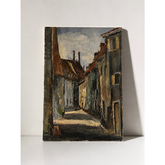 Captivating mid-century modernist oil painting on canvas titled "chemin en alsace" (path in alsace), painted in 1968 by...