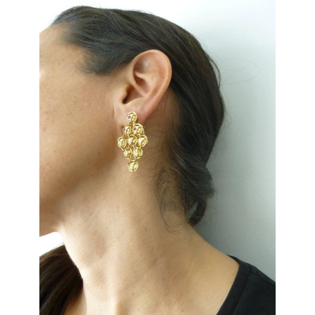 Gold French 18 Karat Gold, Ruby and Diamond Chandelier Lever Back Pierced Earrings - 2 Pieces For Sale - Image 8 of 12