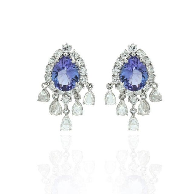 Art Deco 14k White Gold Pear Cut Sapphire Statement Wedding Earrings With Diamonds - 2 Pieces For Sale - Image 3 of 4
